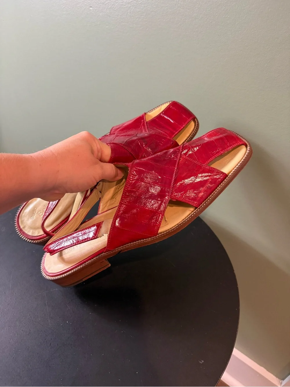 Red Leather Cross-Strap mens Slide Sandals